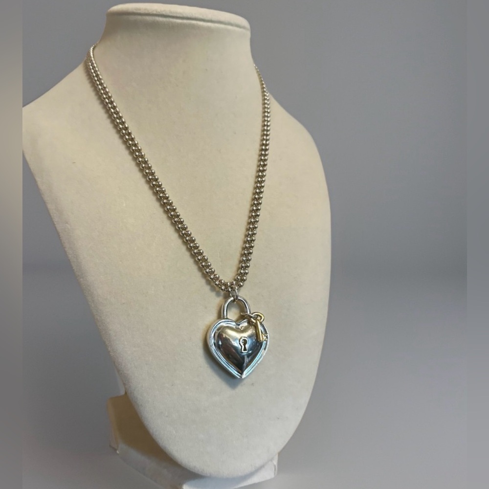 Tiffany & Co. RARE 1994 .925 Silver Heart Padlock and 750 Gold Key Necklace 33”